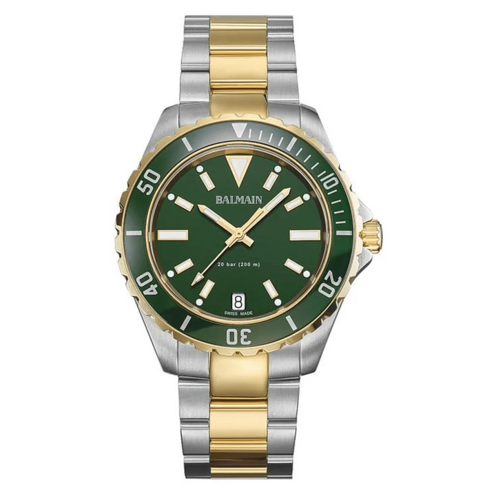 Balmain Ophrys Gent 42.5mm Green Dial Bicolor Gold PVD Steel Bracelet 200m