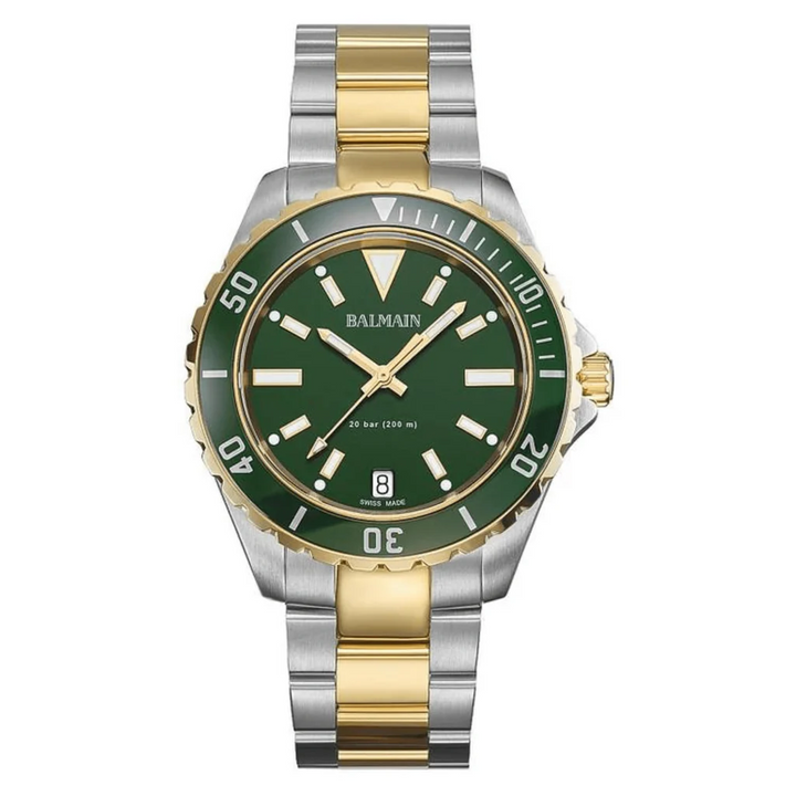 Balmain Ophrys Gent 42.5mm Green Dial Bicolor Gold PVD Steel Bracelet 200m