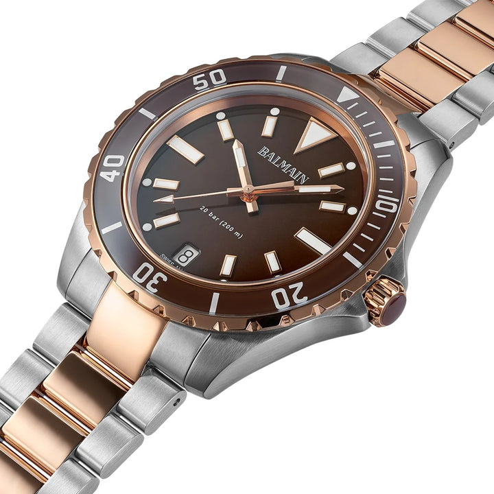 Balmain Ophrys Gent 42.5mm Brown Dial Bicolor Pink PVD Steel Bracelet 200m