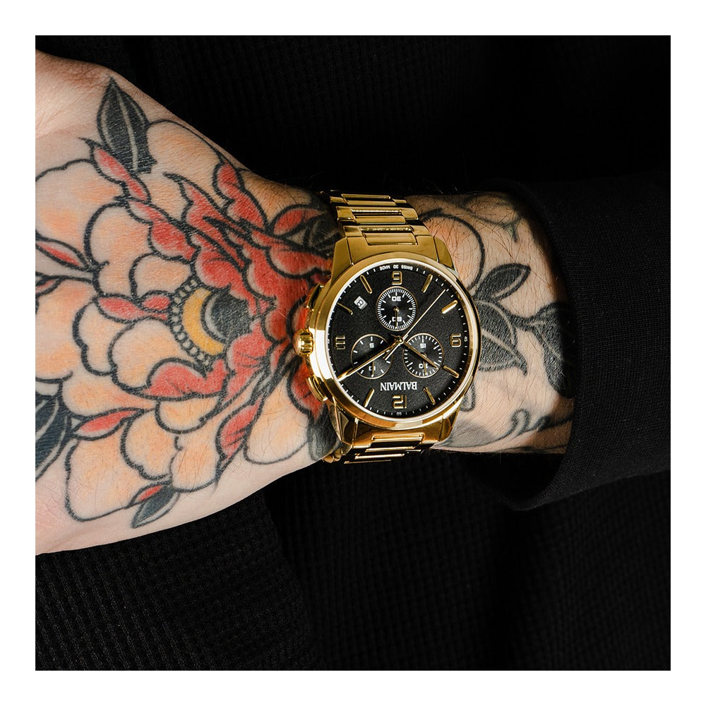 Balmain Madrigal Chrono Gent 42mm Gold Dial Navy Leather Strap Chronograph