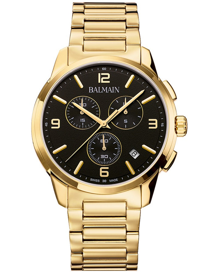 Balmain Madrigal Chrono Gent 42mm Gold Dial Navy Leather Strap Chronograph