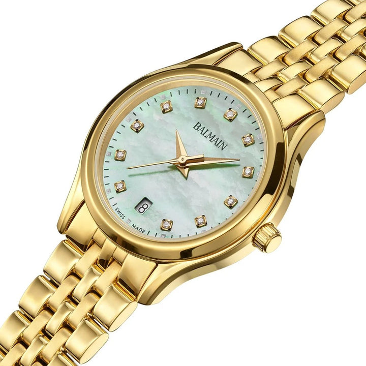 Balmain Beleganza Lady 27.5mm Green MOP Diamond Dial Yellow Gold PVD Bracelet