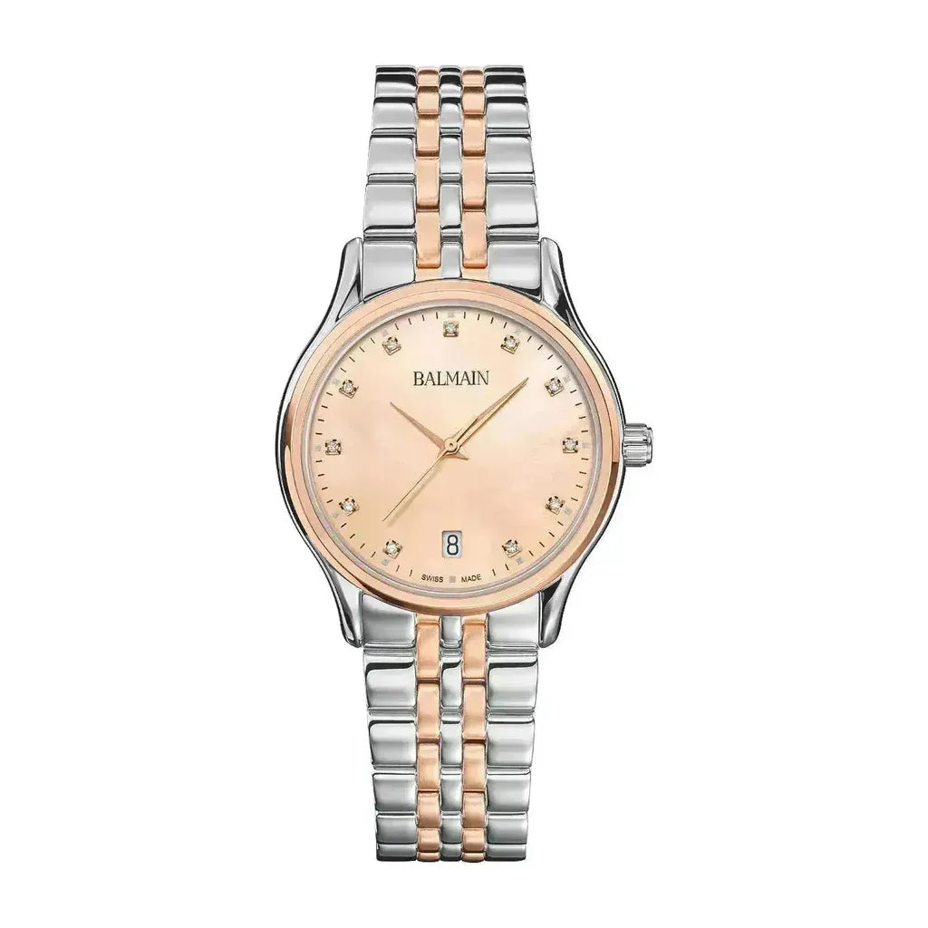 Balmain Beleganza Lady 32mm Peach Dial Bicolor Rose Gold PVD Steel Bracelet