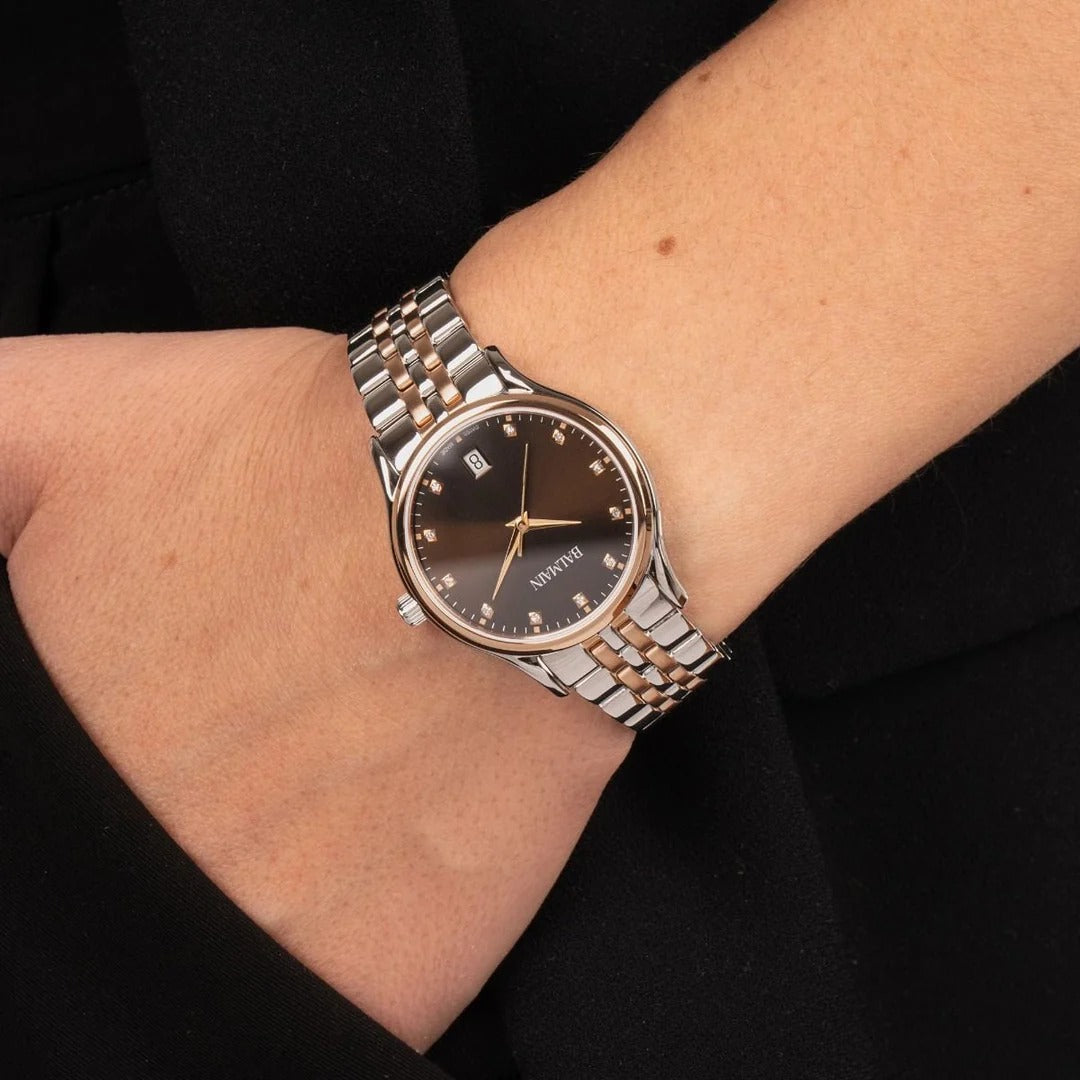 Balmain Beleganza Lady 32mm Brown Dial Bicolor Rose Gold PVD Steel Bracelet
