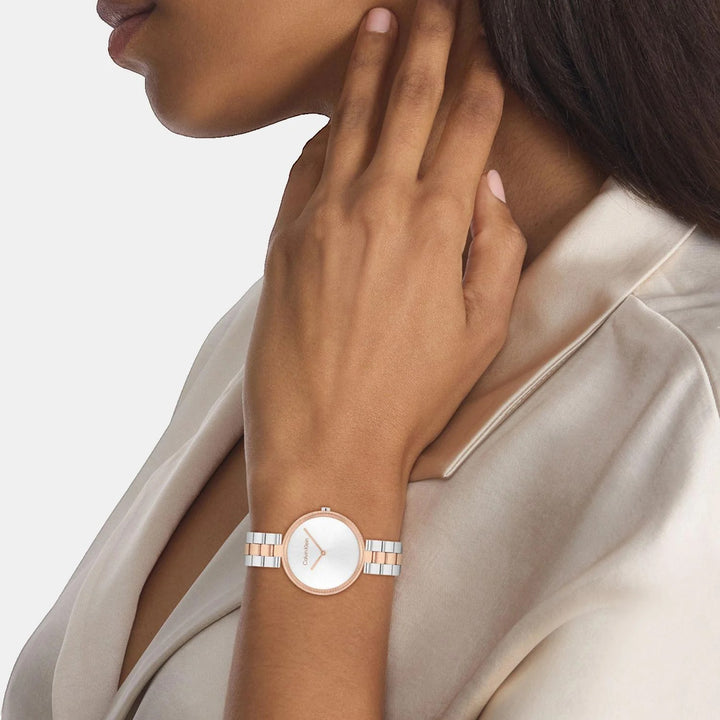 Calvin Klein 25100040 Gleam Women 32mm Dual Tone Silver White Dial Stainless Steel Bracelet Quartz Watch