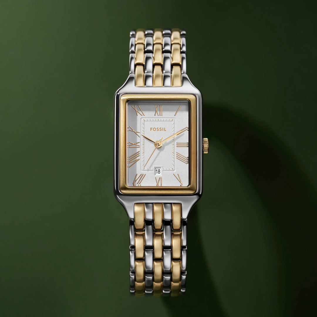 Fossil Raquel ES5368 Rectangular Silver Dial Two-Tone Stainless Steel Women&