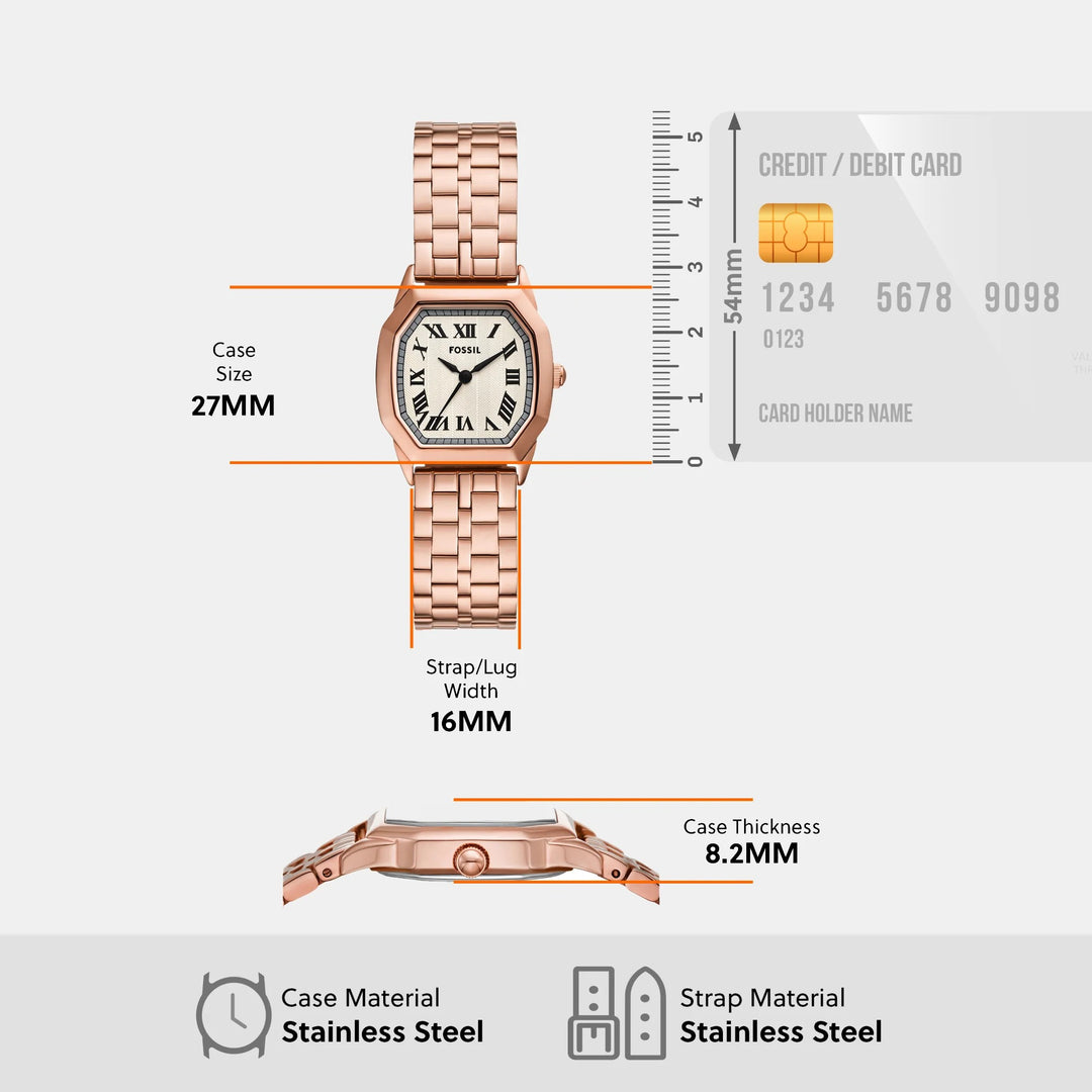 Fossil Harlow ES5386 Octagon Beige Dial Rose Gold-Tone Stainless Steel Women&
