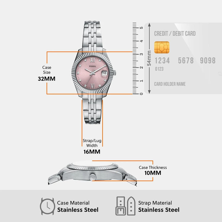 Fossil Scarlette ES5403 Pink Sunray Dial Silver-Tone Stainless Steel Women&