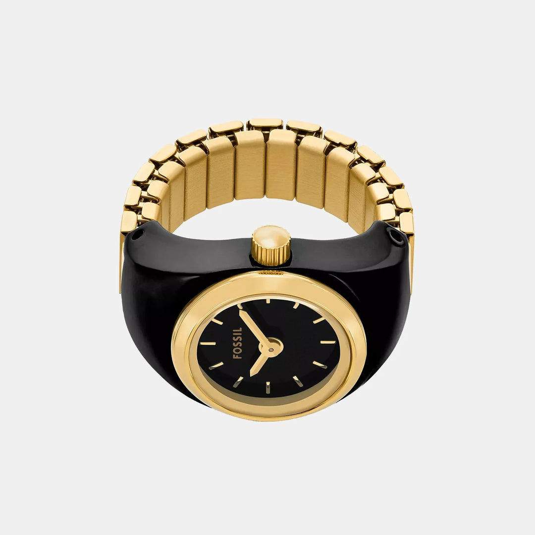 Fossil ES5413 Gold-Tone and Black Enamel Round Analog Ring Watch for Women