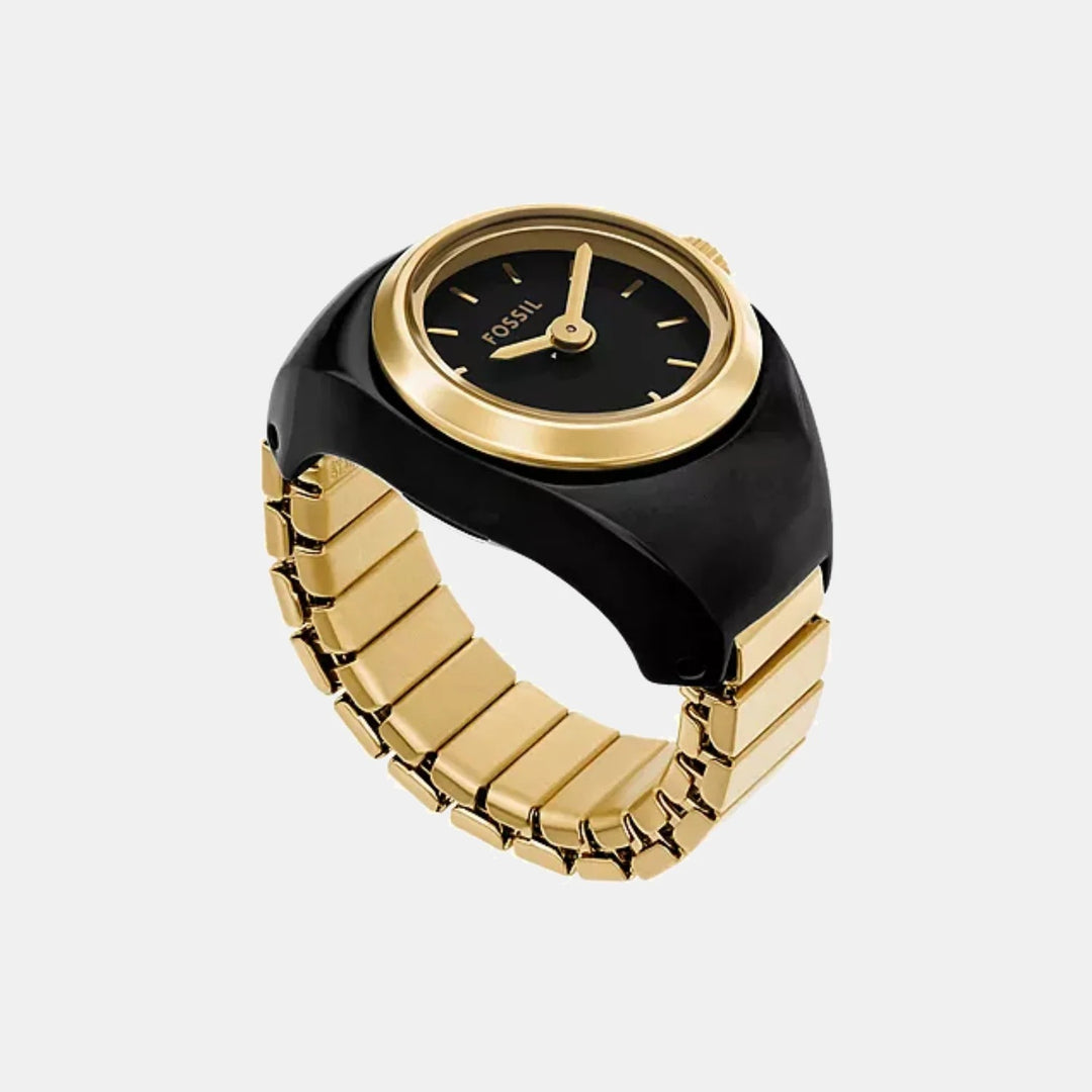 Fossil ES5413 Gold-Tone and Black Enamel Round Analog Ring Watch for Women