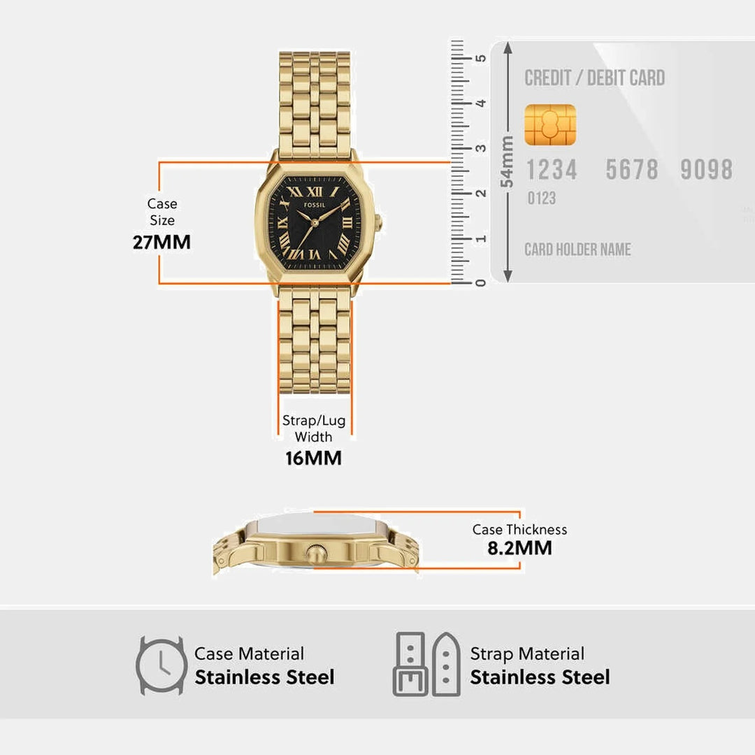 Fossil Harlow ES5433 Octagon Black Dial Gold-Tone Stainless Steel Women&