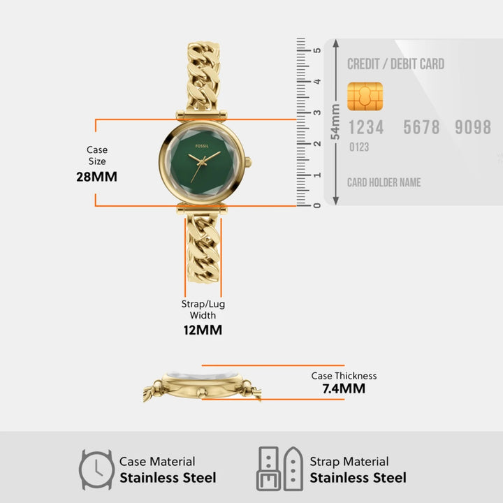 Fossil Carlie ES5441 Green Dial Gold-Tone Curb Chain Bracelet Women&