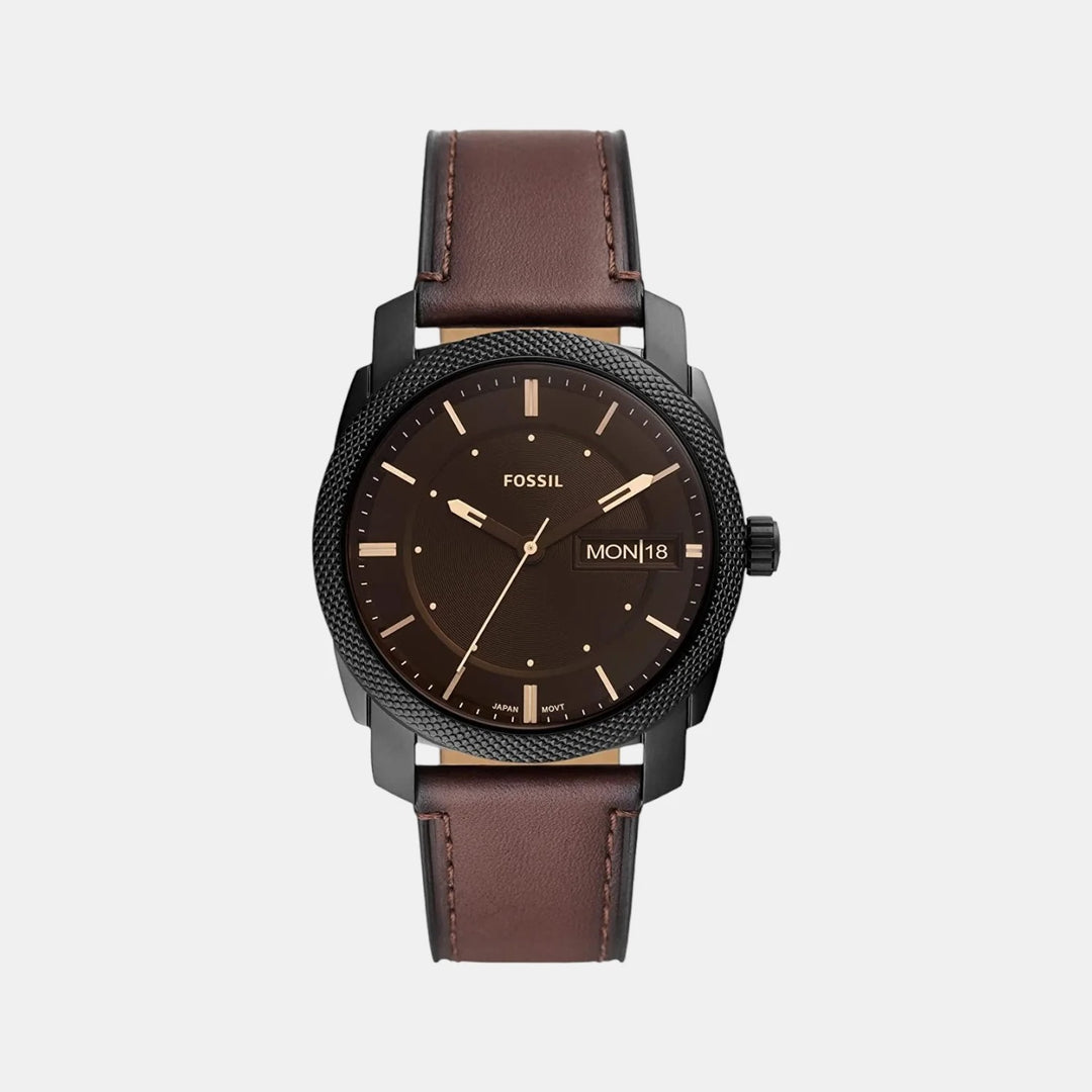 Fossil Machine FS5901 Black Textured Dial Brown Leather Strap Men&
