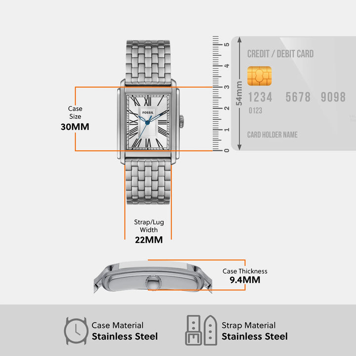 Fossil Carraway FS6008 Rectangular Silver Dial Silver-Tone Stainless Steel Men&