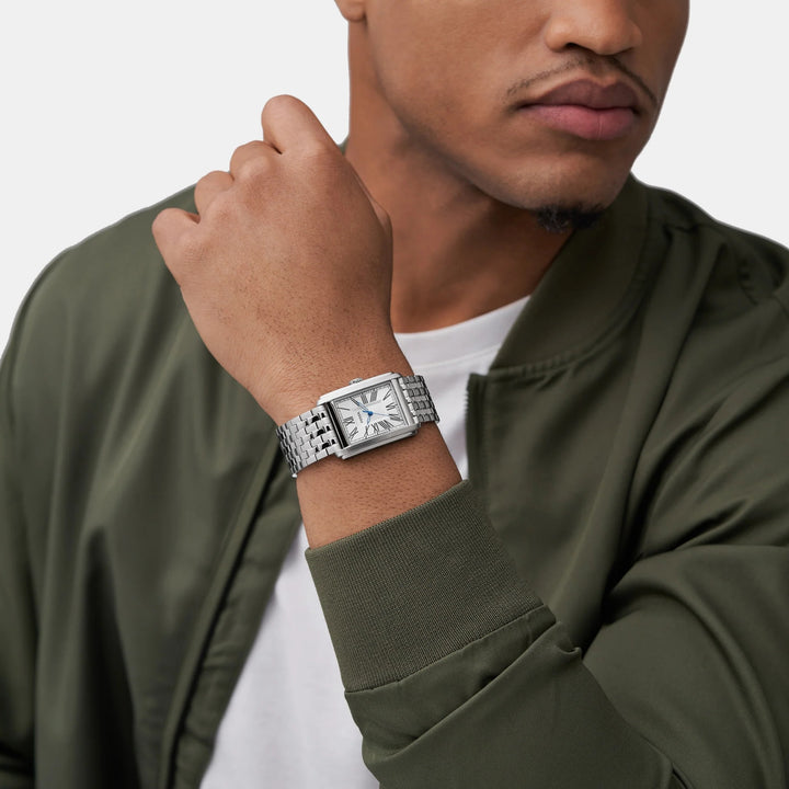 Fossil Carraway FS6008 Rectangular Silver Dial Silver-Tone Stainless Steel Men&