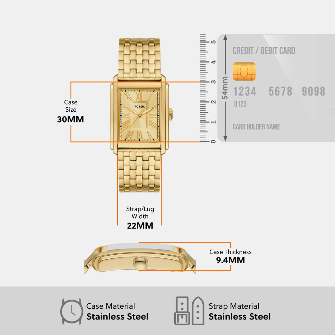 Fossil Carraway FS6009 Rectangular Gold Dial Gold-Tone Stainless Steel Men&