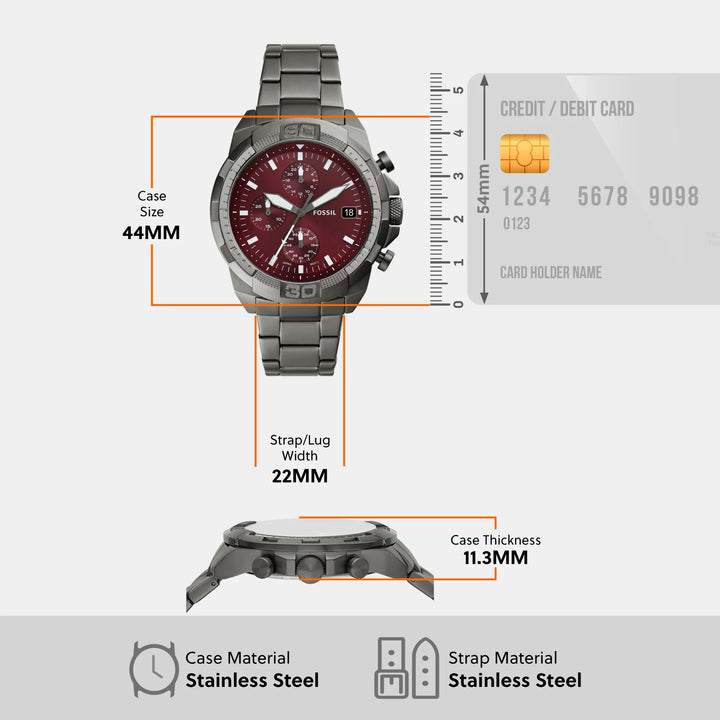 Fossil Bronson FS6017 Burgundy Dial Smoke Stainless Steel Chronograph Men&