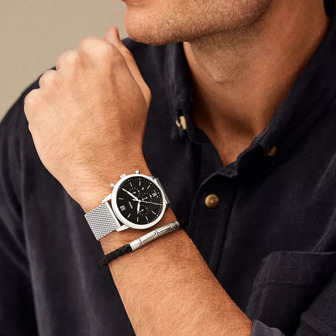 Fossil The Neutra FS6020SET Blue Dial Watch and Beaded Bracelet Men&
