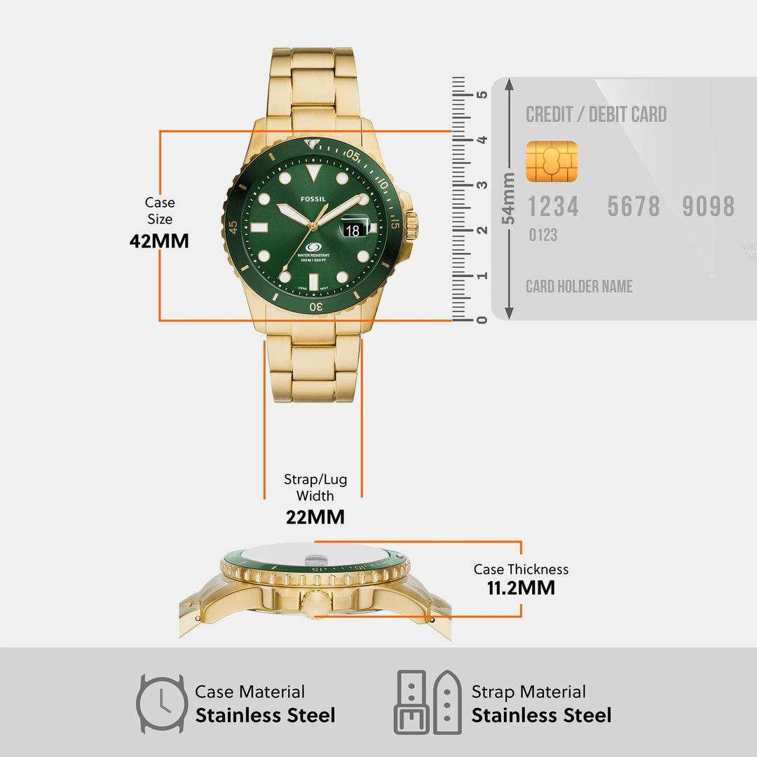 Fossil Blue Dive FS6030 Green Dial Gold-Tone Stainless Steel Men&
