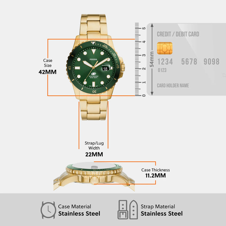 Fossil Blue Dive FS6030 Green Dial Gold-Tone Stainless Steel Men&