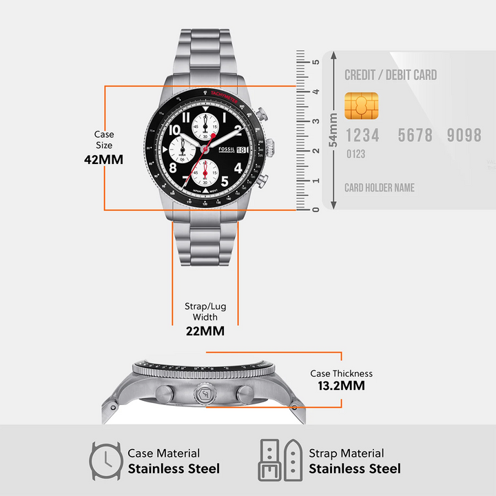Fossil Sport Tourer FS6045 Chronograph Black Dial Silver-Tone Stainless Steel Men&