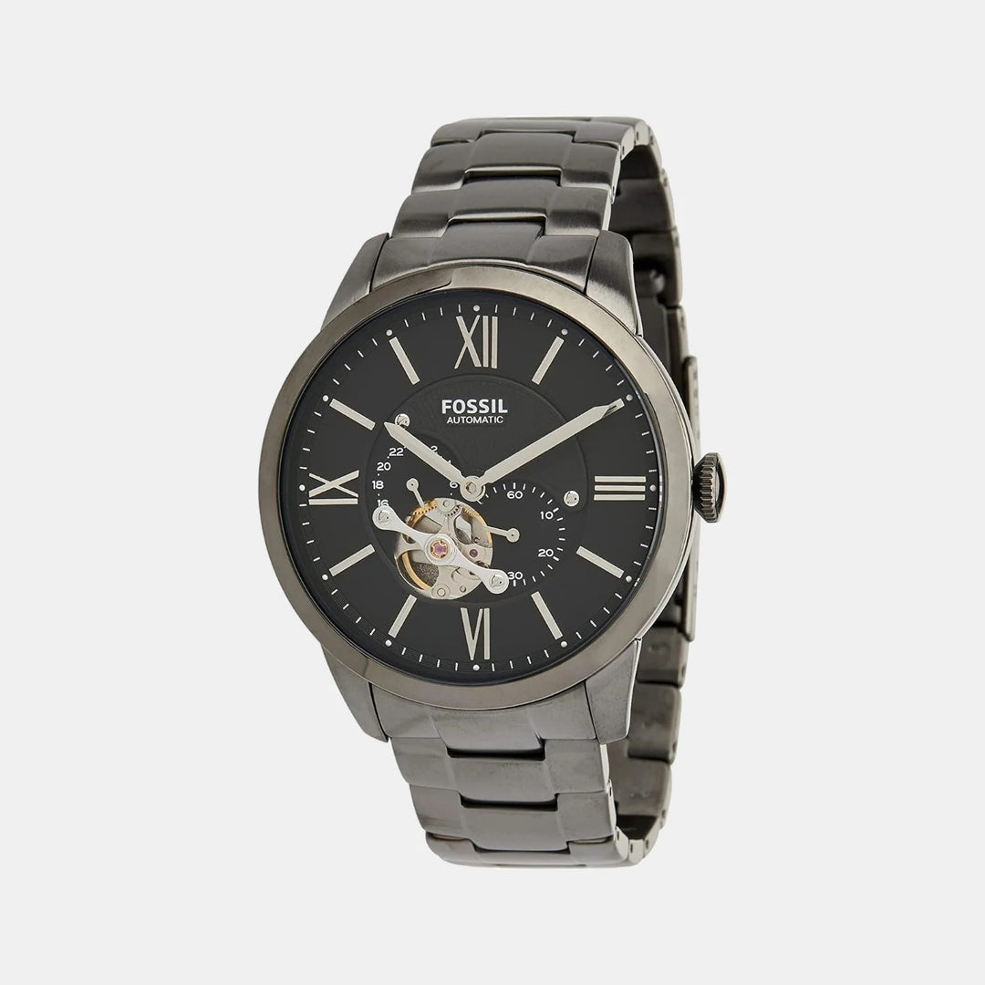 Fossil Automatic ME3172 Silver Skeleton Dial Black Leather Men&