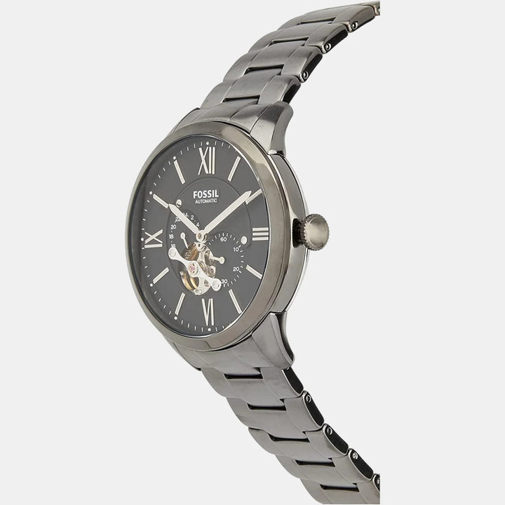 Fossil Automatic ME3172 Silver Skeleton Dial Black Leather Men&