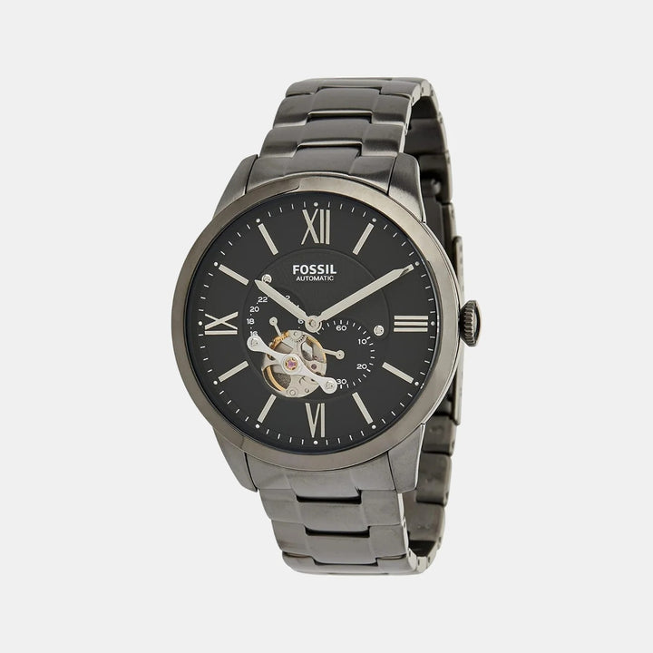 Fossil Automatic ME3172 Silver Skeleton Dial Black Leather Men&