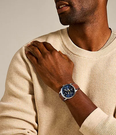 Fossil Machine FS5903 Blue Dial Brown Leather Strap Men&
