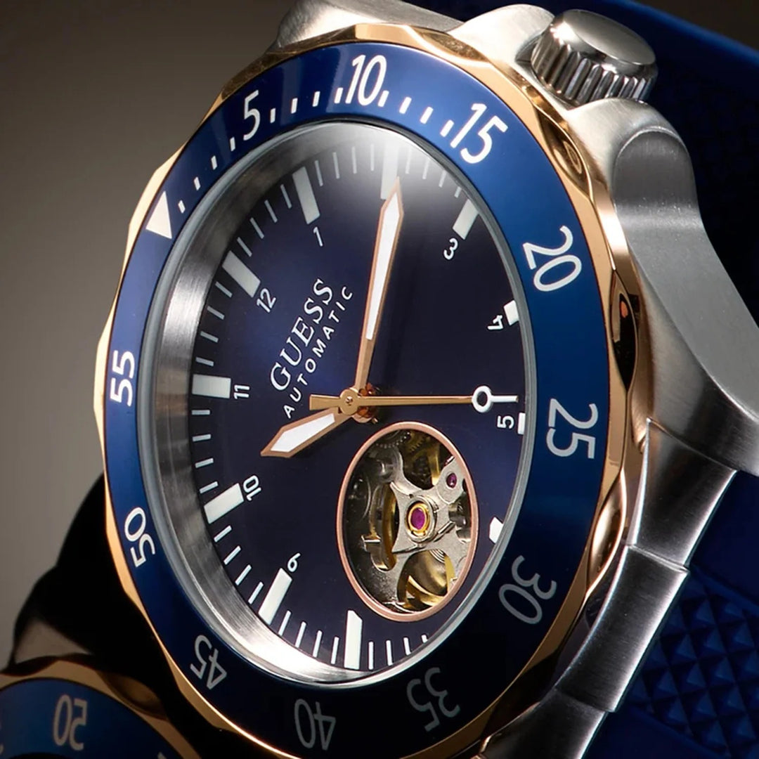 Guess Men Automatic Watch GW1131G5 – Blue Open-Heart Dial Silicone