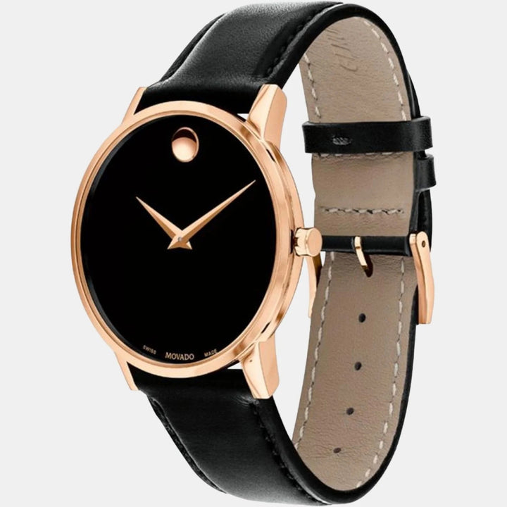 Movado Museum 607272 Classic Men 40mm Black Dial Black Calfskin Leather Strap Rose Gold PVD Stainless Steel Swiss Quartz Watch