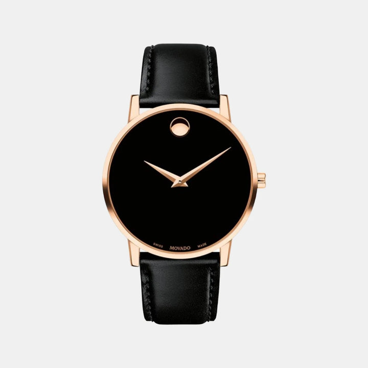 Movado Museum 607272 Classic Men 40mm Black Dial Black Calfskin Leather Strap Rose Gold PVD Stainless Steel Swiss Quartz Watch