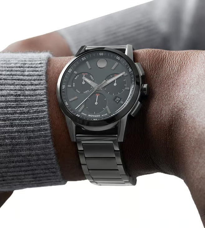 Movado Museum 607558 Sport Men 42mm Black Chronograph Dial Gunmetal PVD Stainless Steel Bracelet Quartz Watch