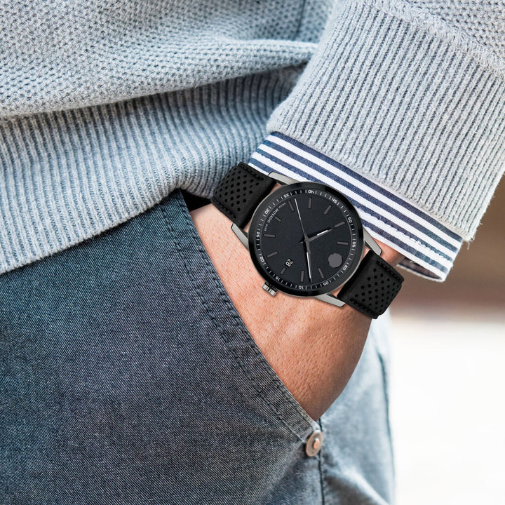 Movado Museum 607559 Sport Men 42mm Black Dial Black Leather Strap Swiss Quartz Watch