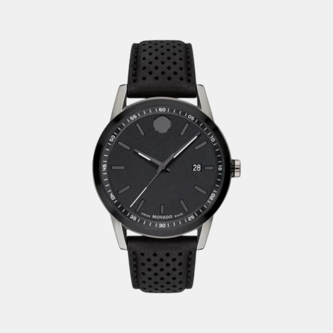 Movado Museum 607559 Sport Men 42mm Black Dial Black Leather Strap Swiss Quartz Watch
