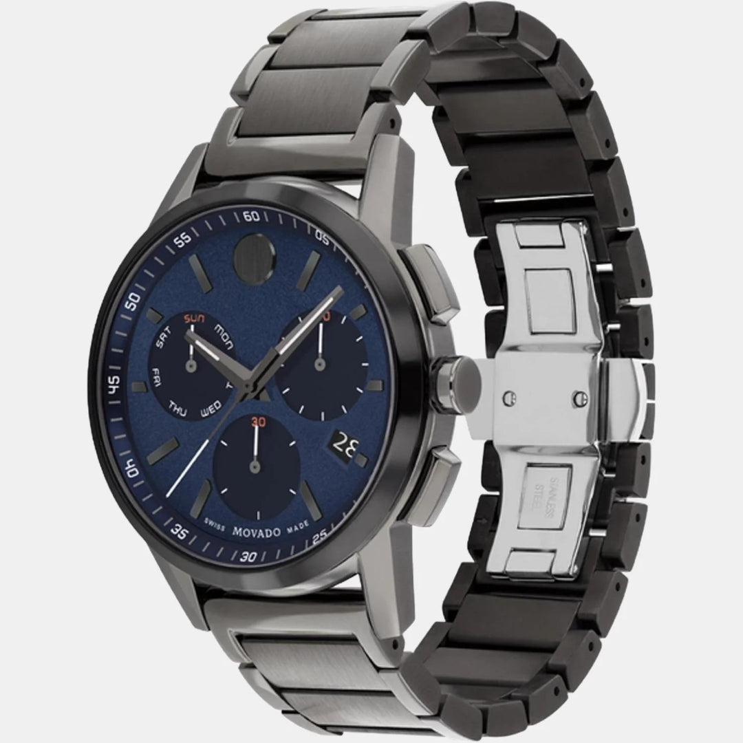 Movado Museum 607624 Sport Men 43mm Blue Chronograph Dial Grey Gunmetal PVD Stainless Steel Bracelet Quartz Chronograph Watch