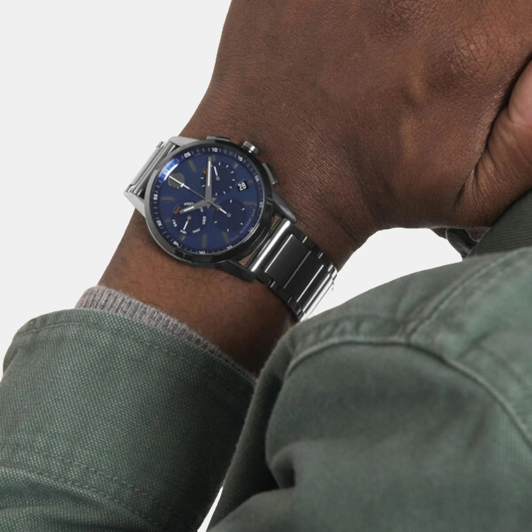 Movado Museum 607624 Sport Men 43mm Blue Chronograph Dial Grey Gunmetal PVD Stainless Steel Bracelet Quartz Chronograph Watch