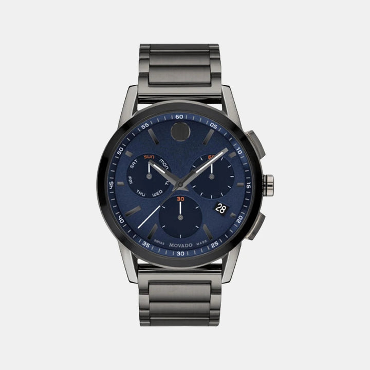 Movado Museum 607624 Sport Men 43mm Blue Chronograph Dial Grey Gunmetal PVD Stainless Steel Bracelet Quartz Chronograph Watch