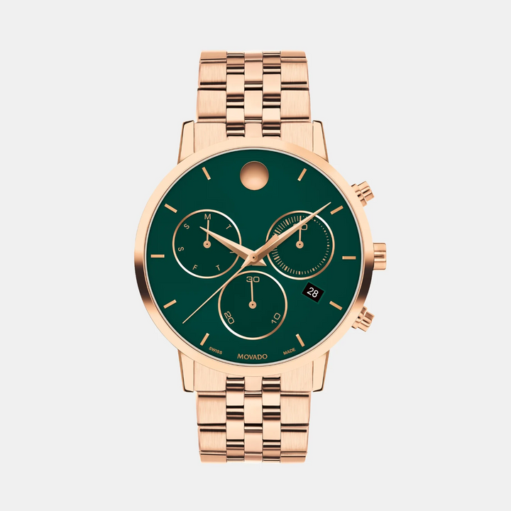 Movado Museum Classic 607846 Chrono Men 40mm Green Chronograph Dial Rose Gold Tone Stainless Steel Bracelet Quartz Watch
