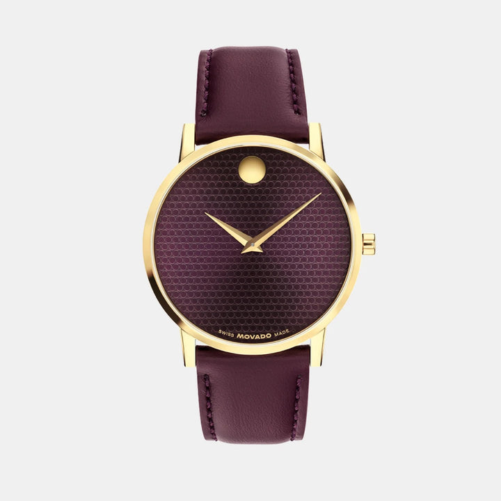 Movado Museum 608000 Classic Unisex 40mm Plum Textured Sunray Dial Yellow PVD Stainless Steel Strap Quartz Watch