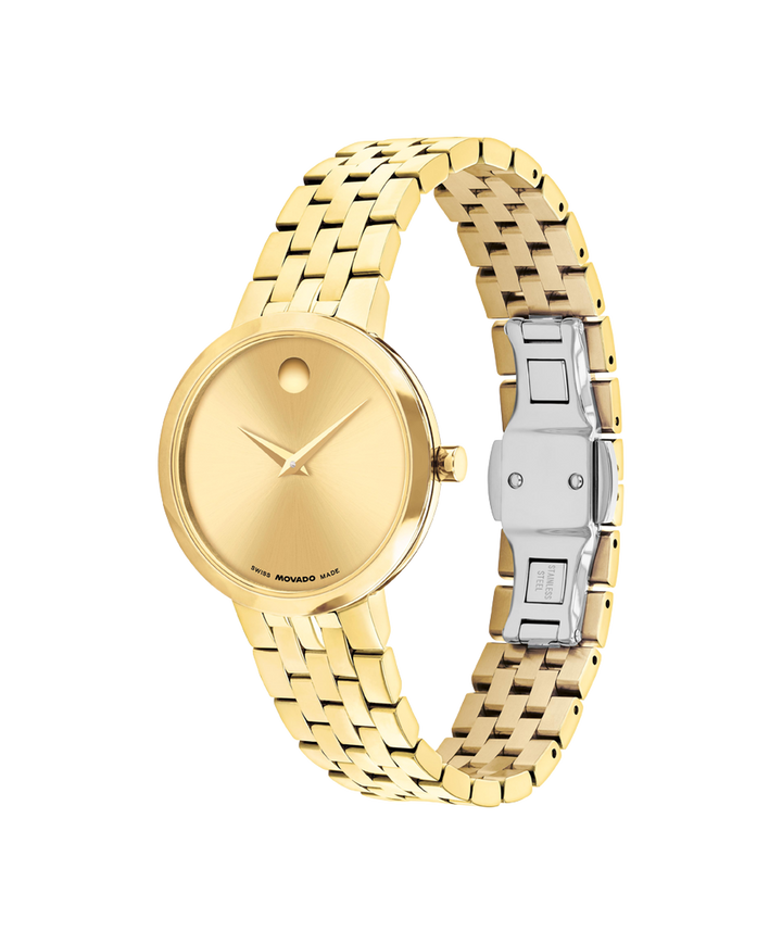 Movado Museum 608009 Classic Women 29.5 mm Yellow Gold Sunray Dial Yellow Tone Stainless Steel Bracelet Quartz Watch