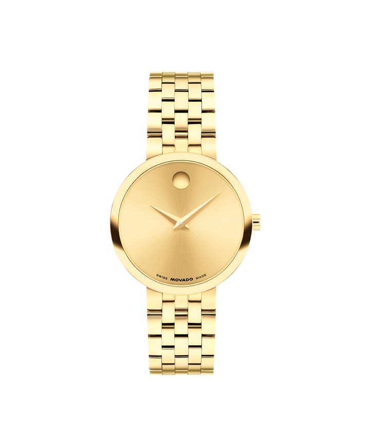 Movado Museum 608009 Classic Women 29.5 mm Yellow Gold Sunray Dial Yellow Tone Stainless Steel Bracelet Quartz Watch
