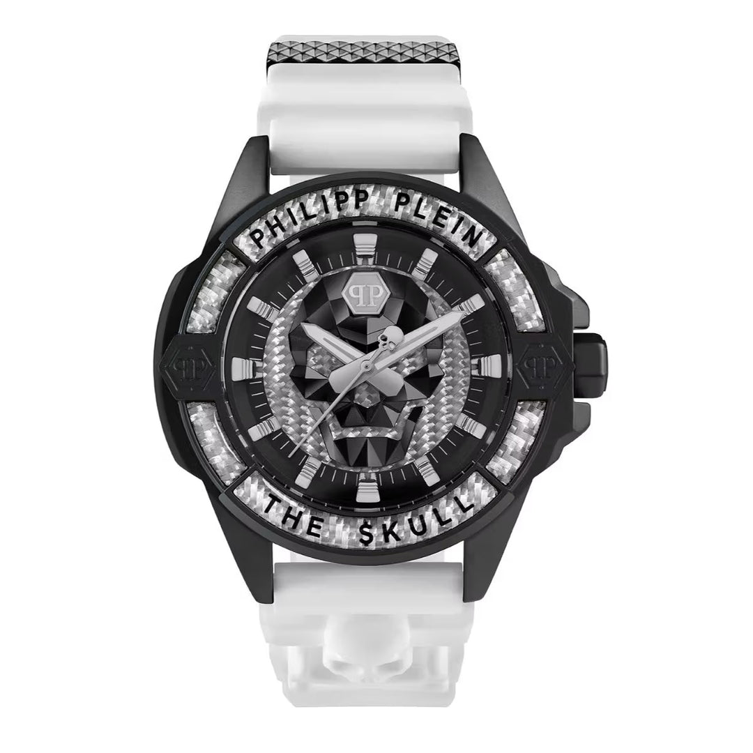 Philipp Plein The Skull Carbon Fiber Men 44mm Quartz Silver Carbon Fiber Dial White Silicone Watch PWAAA1822