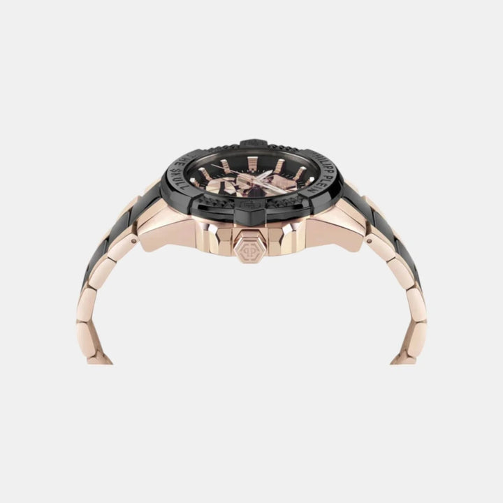 Philipp Plein The Skull Men 44mm Quartz Black Dial Rose Gold PVD Stainless Steel Bracelet Watch PWAAA3125