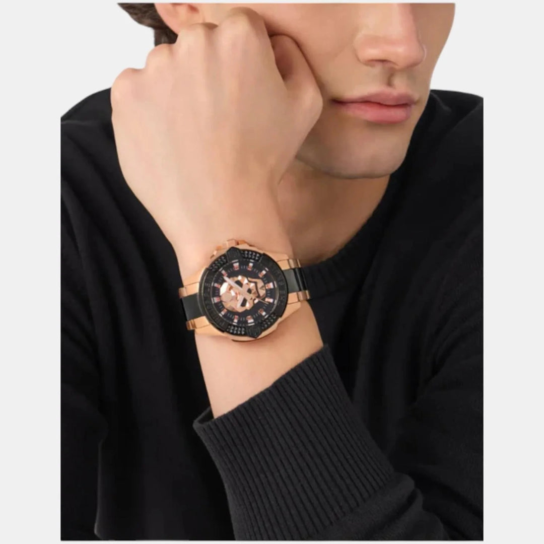 Philipp Plein The Skull Men 44mm Quartz Black Dial Rose Gold PVD Stainless Steel Bracelet Watch PWAAA3125