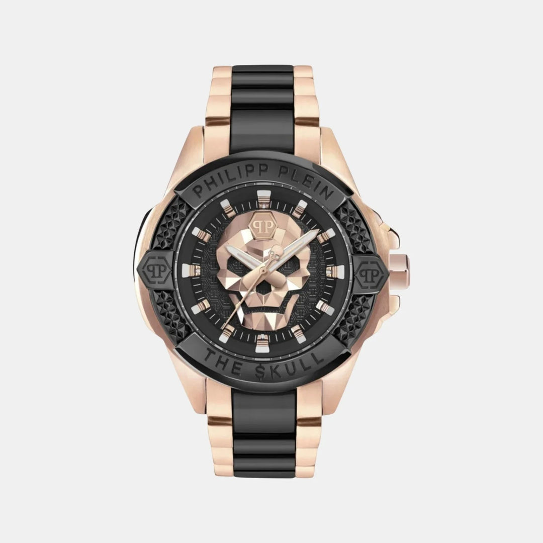 Philipp Plein The Skull Men 44mm Quartz Black Dial Rose Gold PVD Stainless Steel Bracelet Watch PWAAA3125