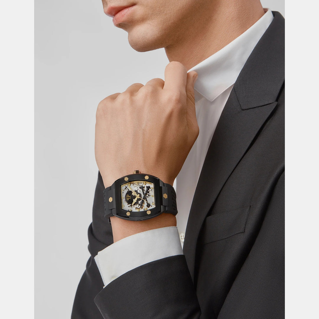 Philipp Plein The Skeleton Men 44mm Automatic Grey Dial Black Silicone Strap Watch PWBAA0521