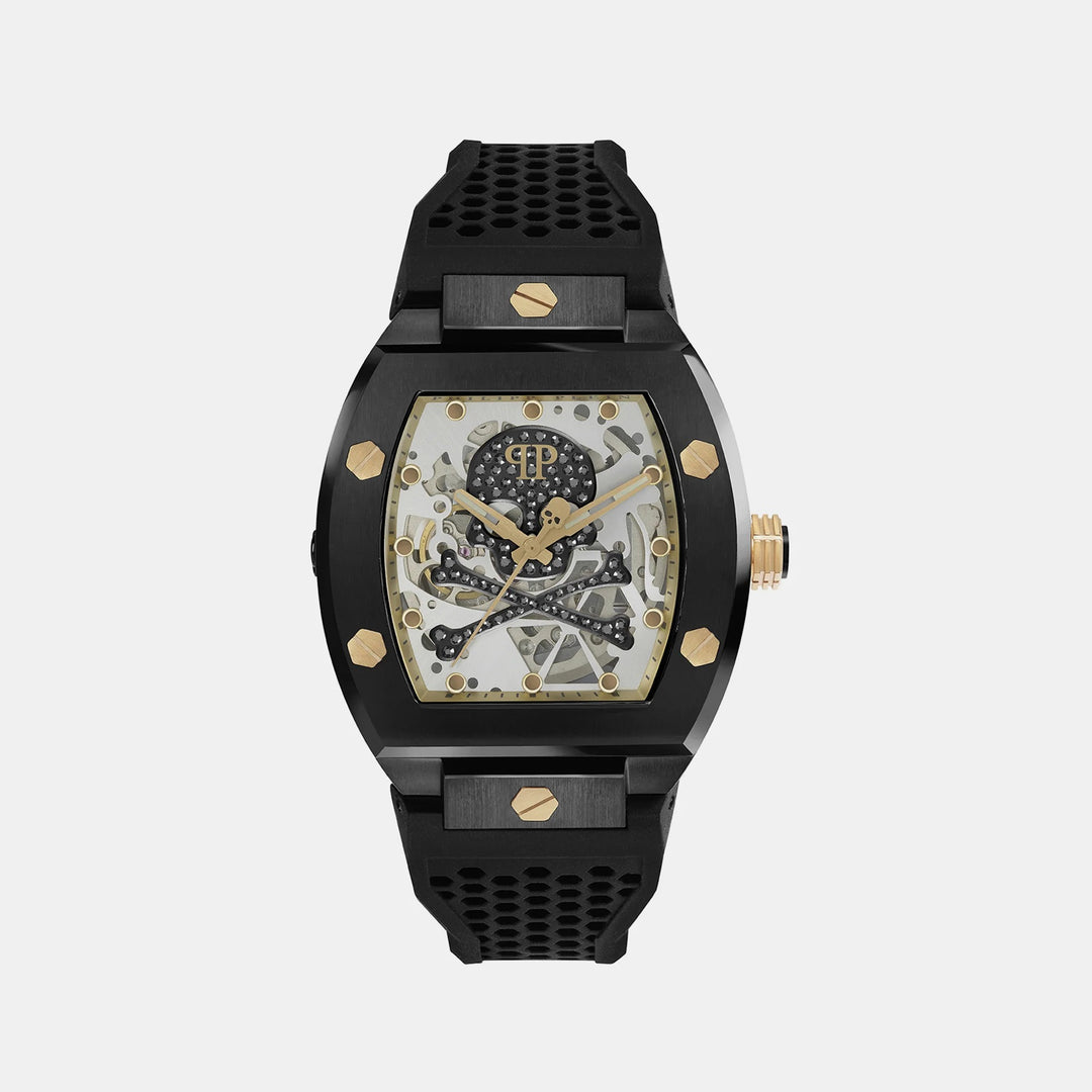 Philipp Plein The Skeleton Men 44mm Automatic Grey Dial Black Silicone Strap Watch PWBAA0521