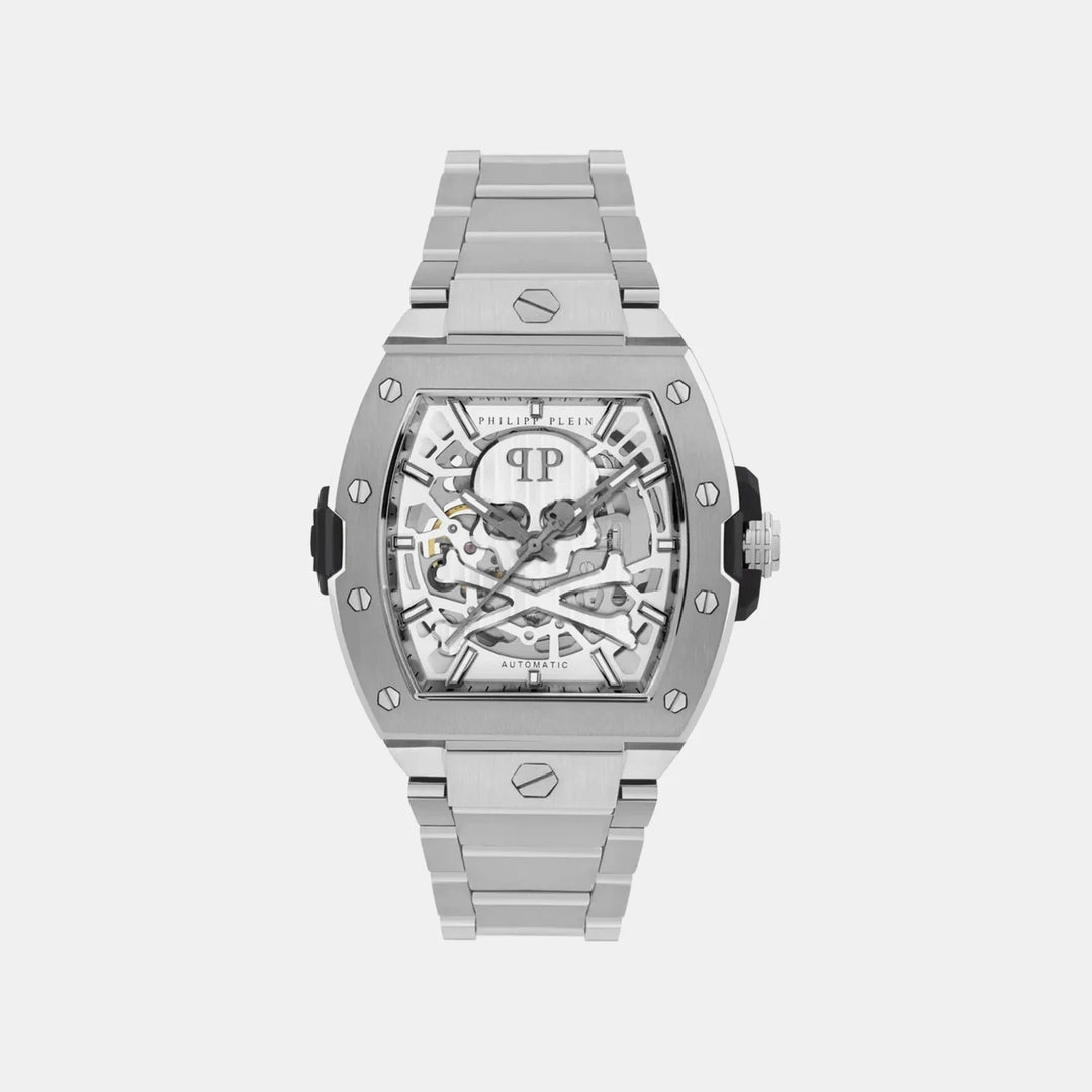 Philipp Plein The Skeleton Men 44mm Automatic Silver Tonneau Dial Stainless Steel Bracelet Watch PWJFA0425