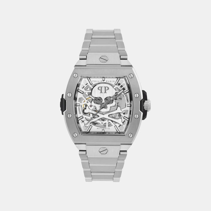 Philipp Plein The Skeleton Men 44mm Automatic Silver Tonneau Dial Stainless Steel Bracelet Watch PWJFA0425